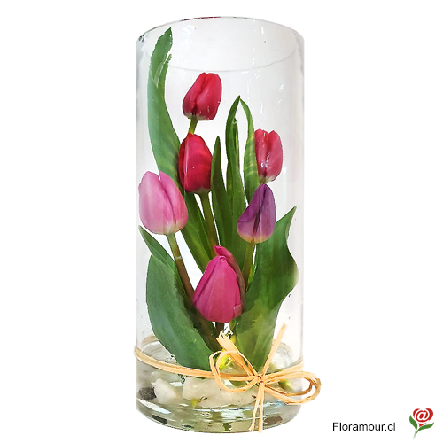 Diseño minimalista con tulipanes naturales seleccionados al interior. Tonos variados. Sólo Santiago de Chile